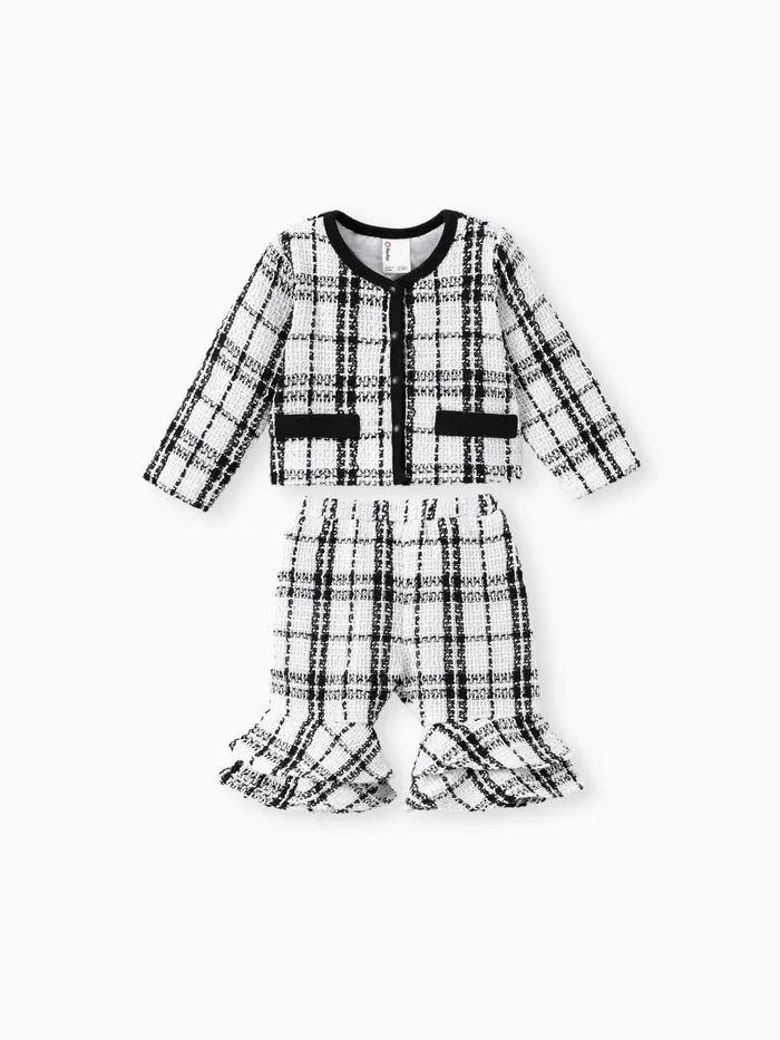 Baby Girl Clothes 2pcs Elegant Grid Print Jacket and Flared Pants Set