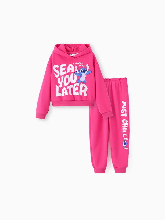 Disney Stitch Kid Girl 2pcs Character Letter Pattern Hoodie And Pants Set