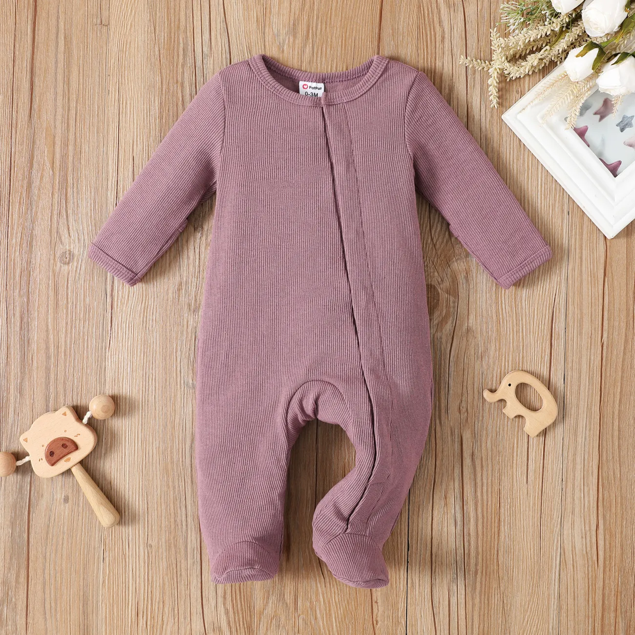 Baby Boy/Girl Ribbed Long-sleeve Footed Snap Jumpsuit
