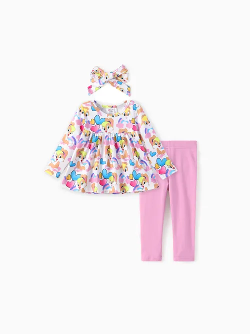 Looney Tunes Baby/Kleinkind Mädchen 3 Stück Charakter Herz Regenbogen Allover Print Rüschenoberteil und Leggings mit Haarband Set 