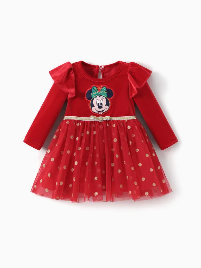 Disney Mickey and Friends Baby/Toddler Girl 1pc Christmas Minnie Mouse Velvet Polka Dots Mesh Dresses 