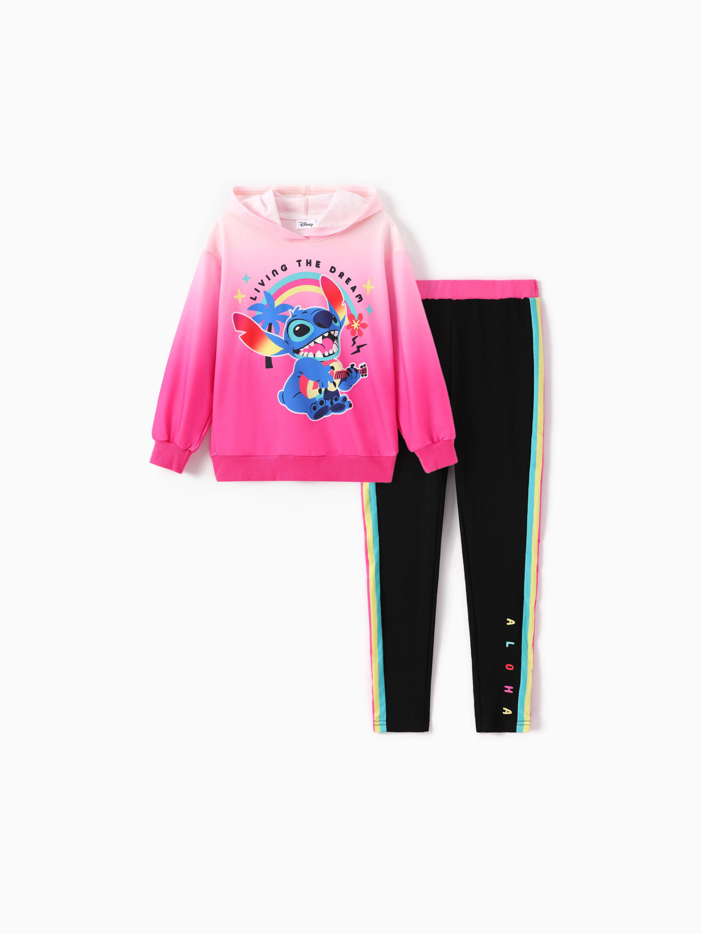 

Disney Stitch Kid Girl 2pcs Rainbow Gradient Hoodies And Cotton Pants With Contrast Panels Set