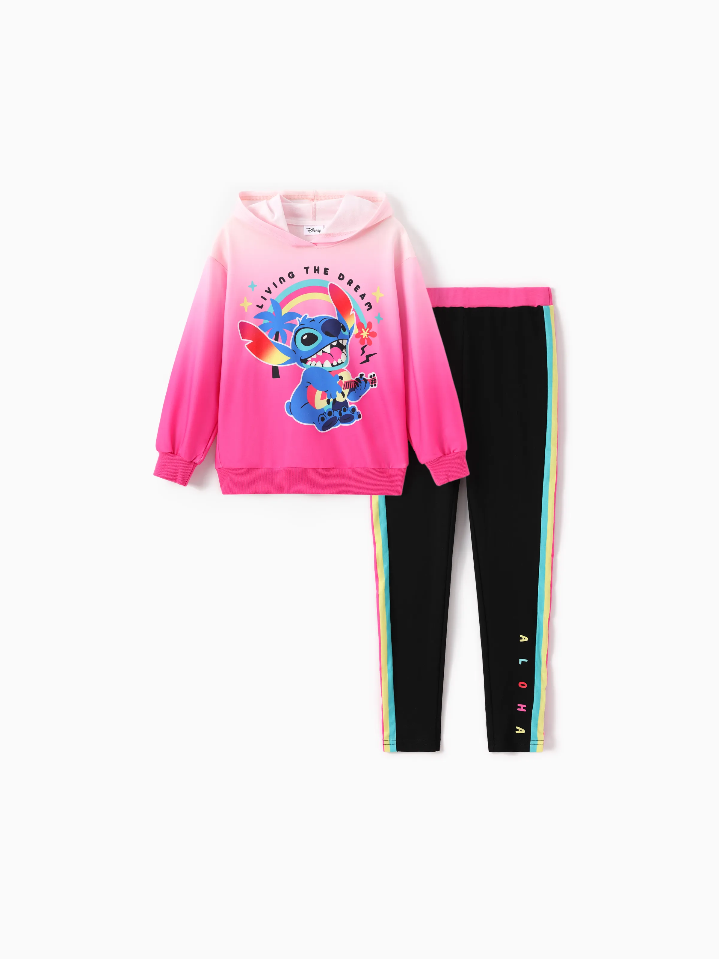 

Disney Stitch Kid Girl 2pcs Rainbow Gradient Hoodies And Cotton Pants With Contrast Panels Set