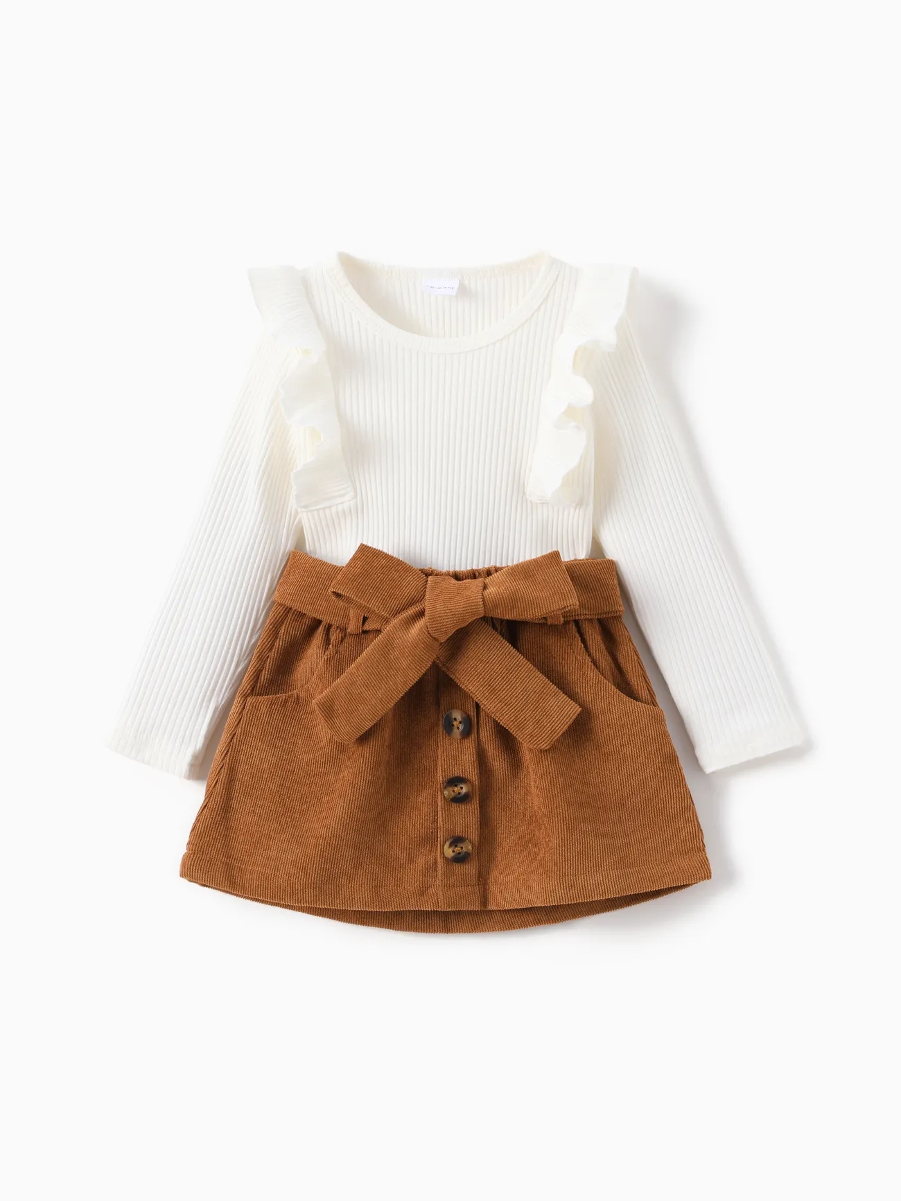 

2pcs Toddler Girl Trendy Ruffled Ribbed Tee and Button Design Corduroy Skirt Set