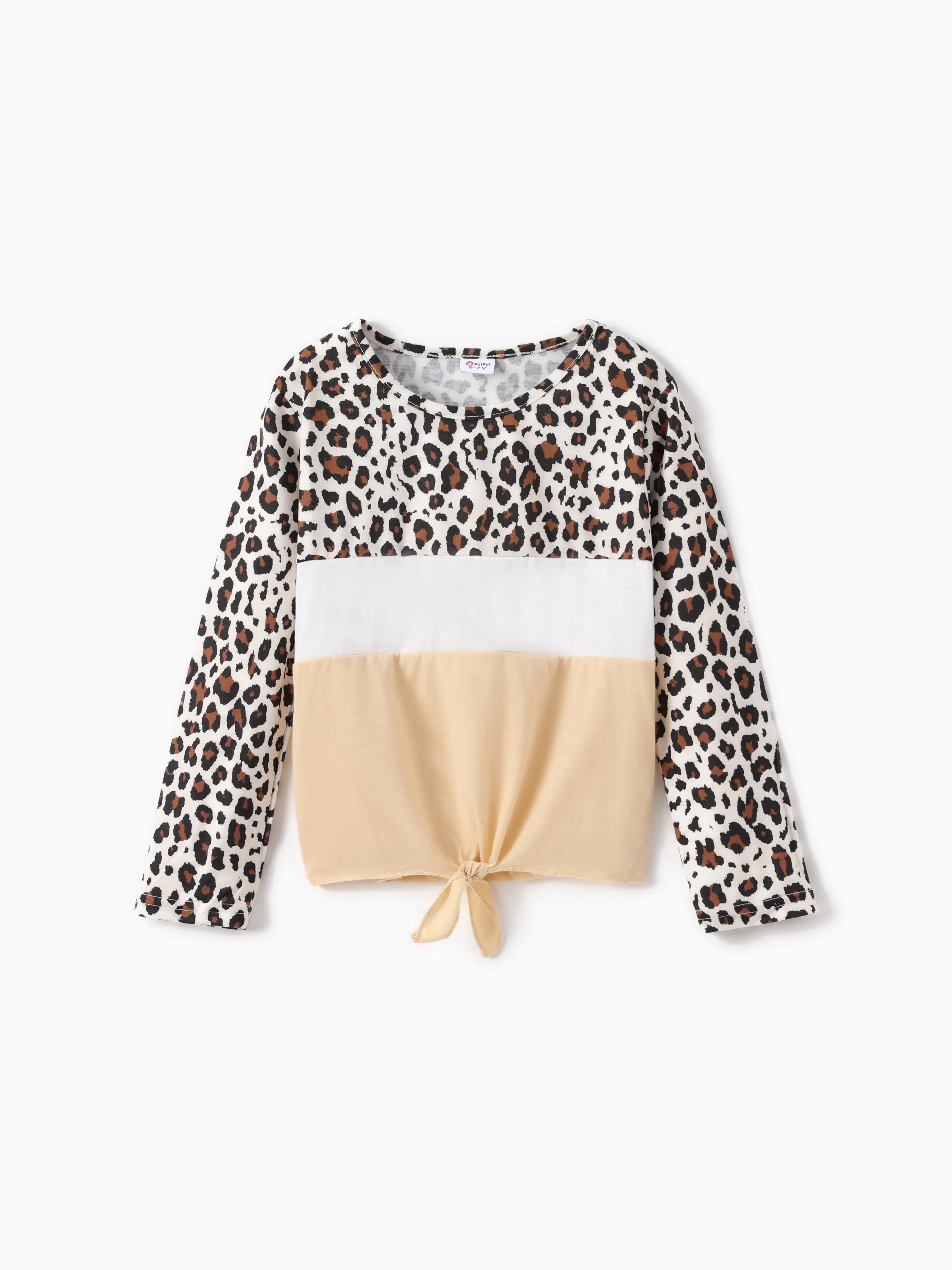 

Kid Girl Leopard Print Colorblock Tie Knot Long-sleeve Tee