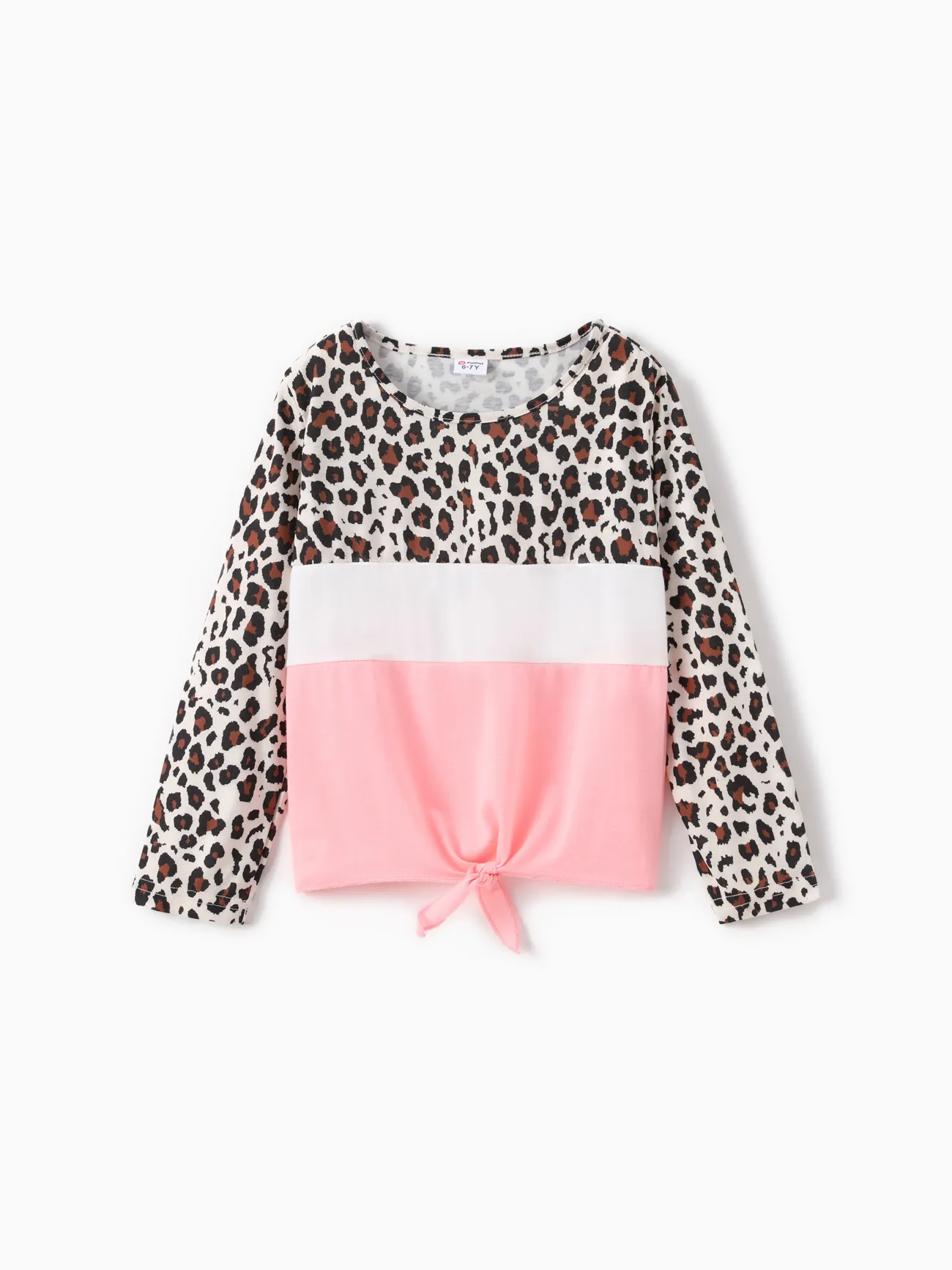 

Kid Girl Leopard Print Colorblock Tie Knot Long-sleeve Tee