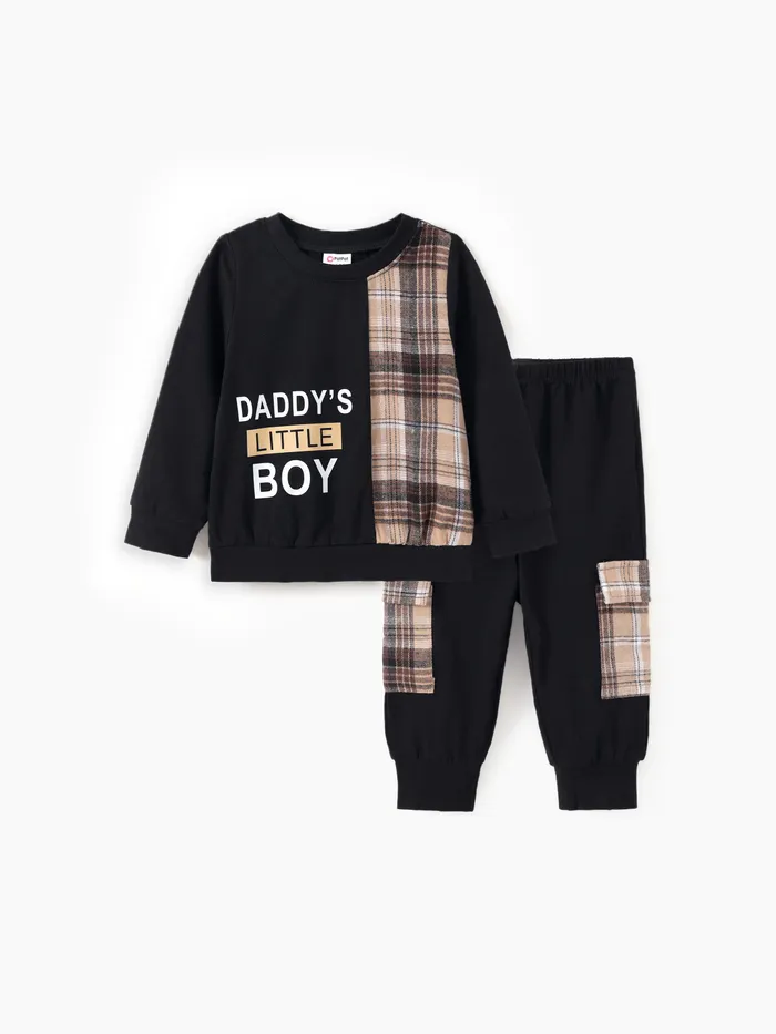 2pcs Baby Boy Cotton Letters Print Plaid Panel Long-sleeve Top and Cargo Pants Set