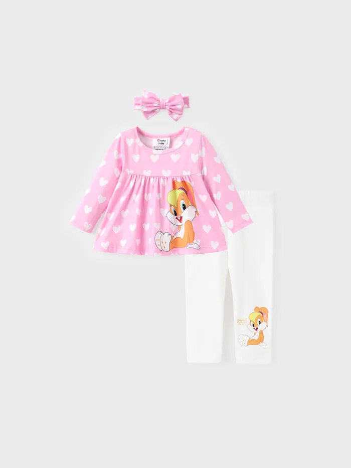 Looney Tunes Baby/Toddler Girl 3pcs Character Heart Pattern Ruffle Top e Leggings in cotone con fascia Set 
