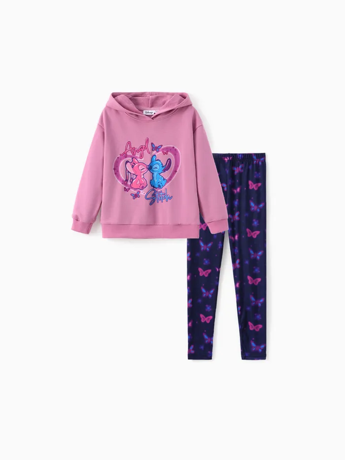 Disney Stitch Kid Girl 2pcs Personaje de Algodón Corazón Mariposa Patrón Sudadera Con Capucha Y Naia™ Leggings Set 