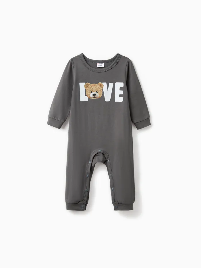 Baby Boy 95% Cotton Long-sleeve Bear & Letter Print Grey Long-sleeve Jumpsuit