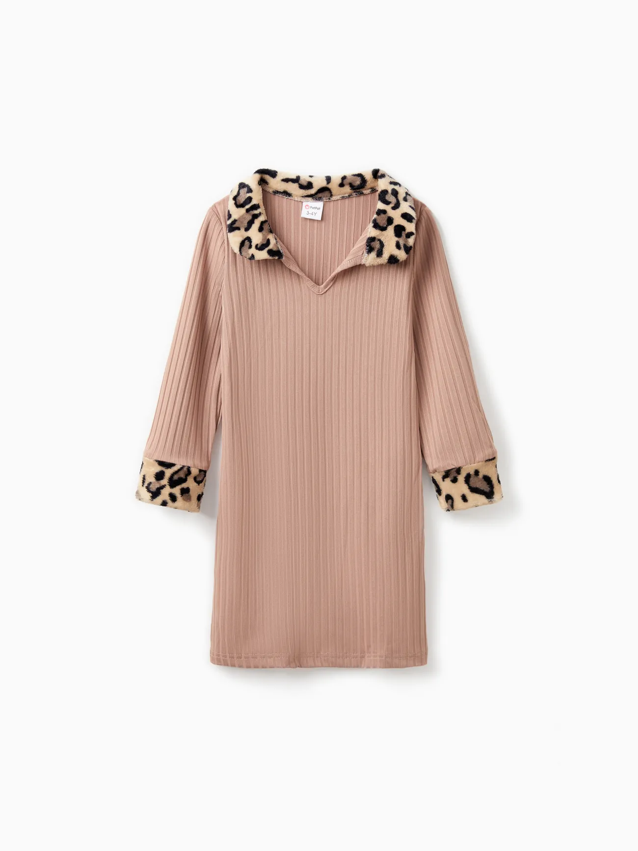 

Toddler Girl Leopard Print Fleece Splice Lapel Collar Ribbed Dress