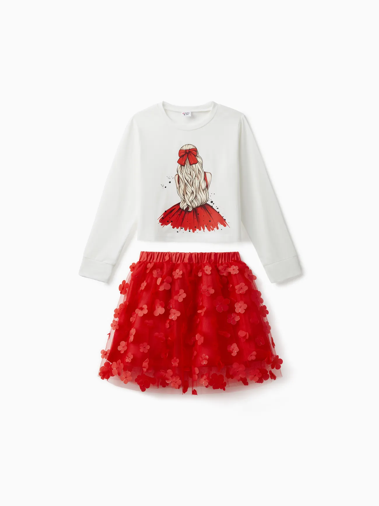 

2pcs Kid Girl Figure Print Tee and 3D Floral Design Red Mesh Skirt Set