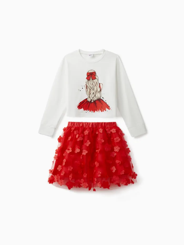 2pcs Kid Girl Figure Print Tee and 3D Floral Design Red Mesh Skirt Set