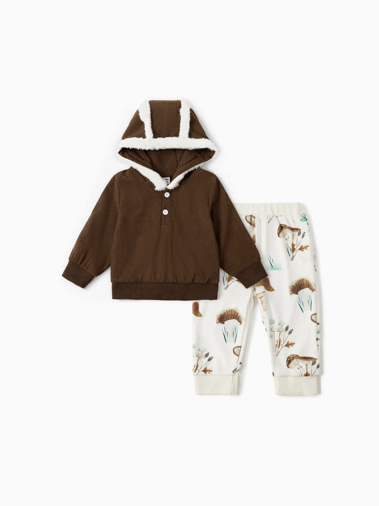 

2pcs Baby Boy/Girl Brown Corduroy Fuzzy Trim Hoodie and Allover Print Pants Set