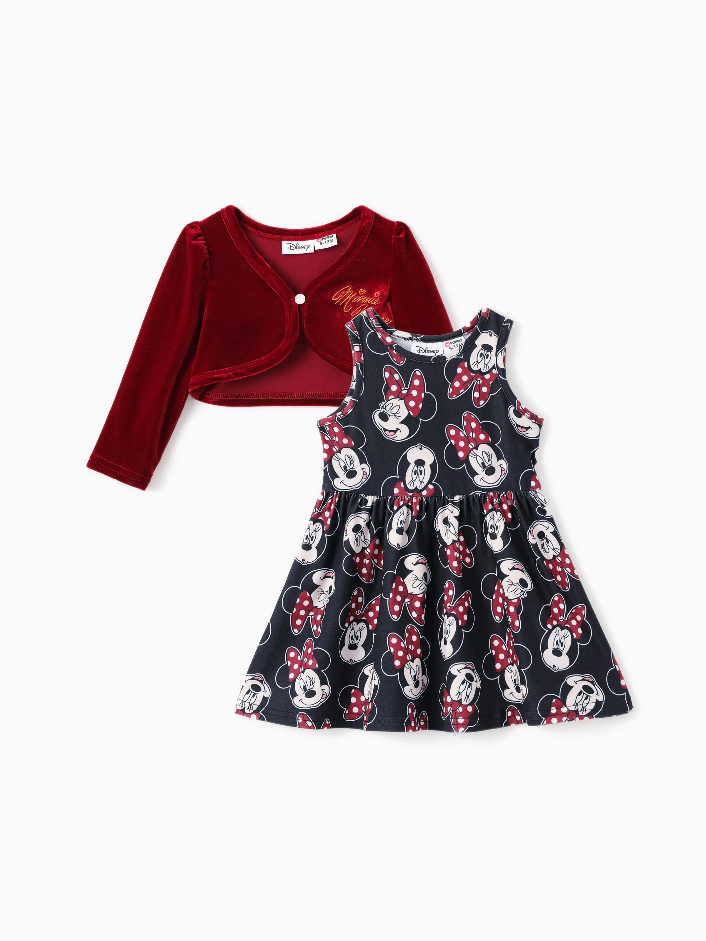 

Disney Mickey and Friends Baby/Toddler Girl 2pcs Minnie Mouse Checkered Pattern Velvet Cardigan And Naia™ Dress Set