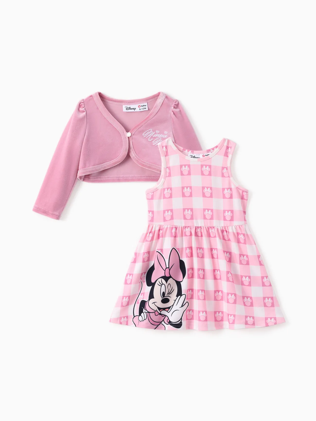 

Disney Mickey and Friends Baby/Toddler Girl 2pcs Minnie Mouse Checkered Pattern Velvet Cardigan And Naia™ Dress Set