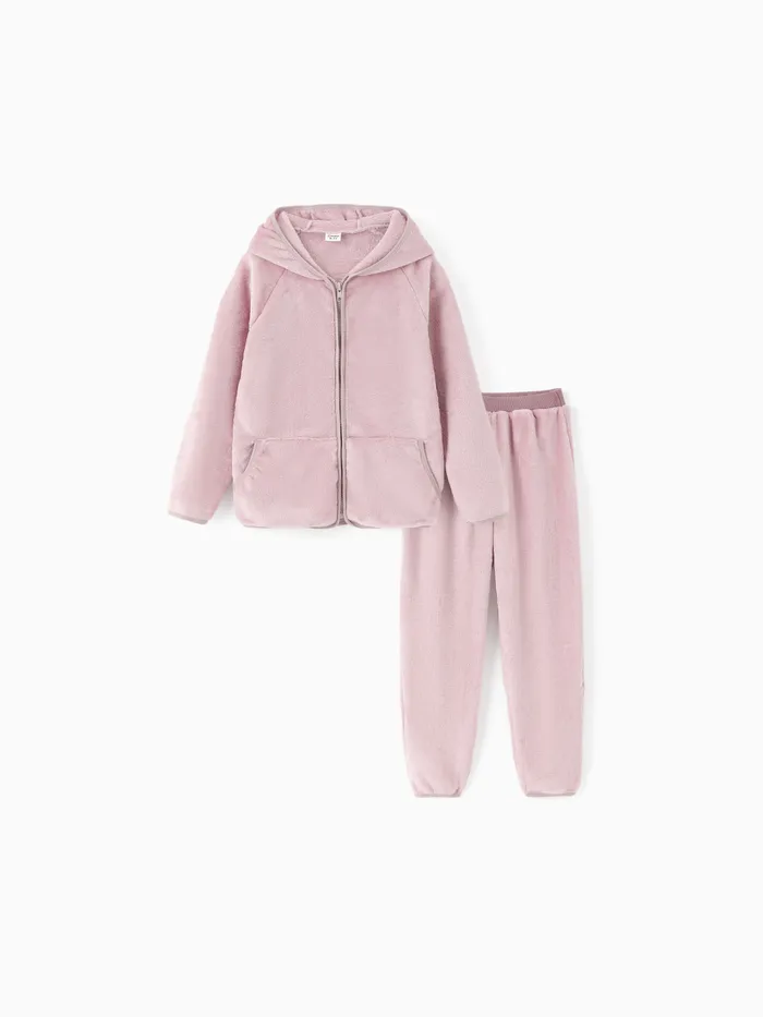 Enfant fille 2PCS polaire veste à capuche et pantalon de survêtement ensemble