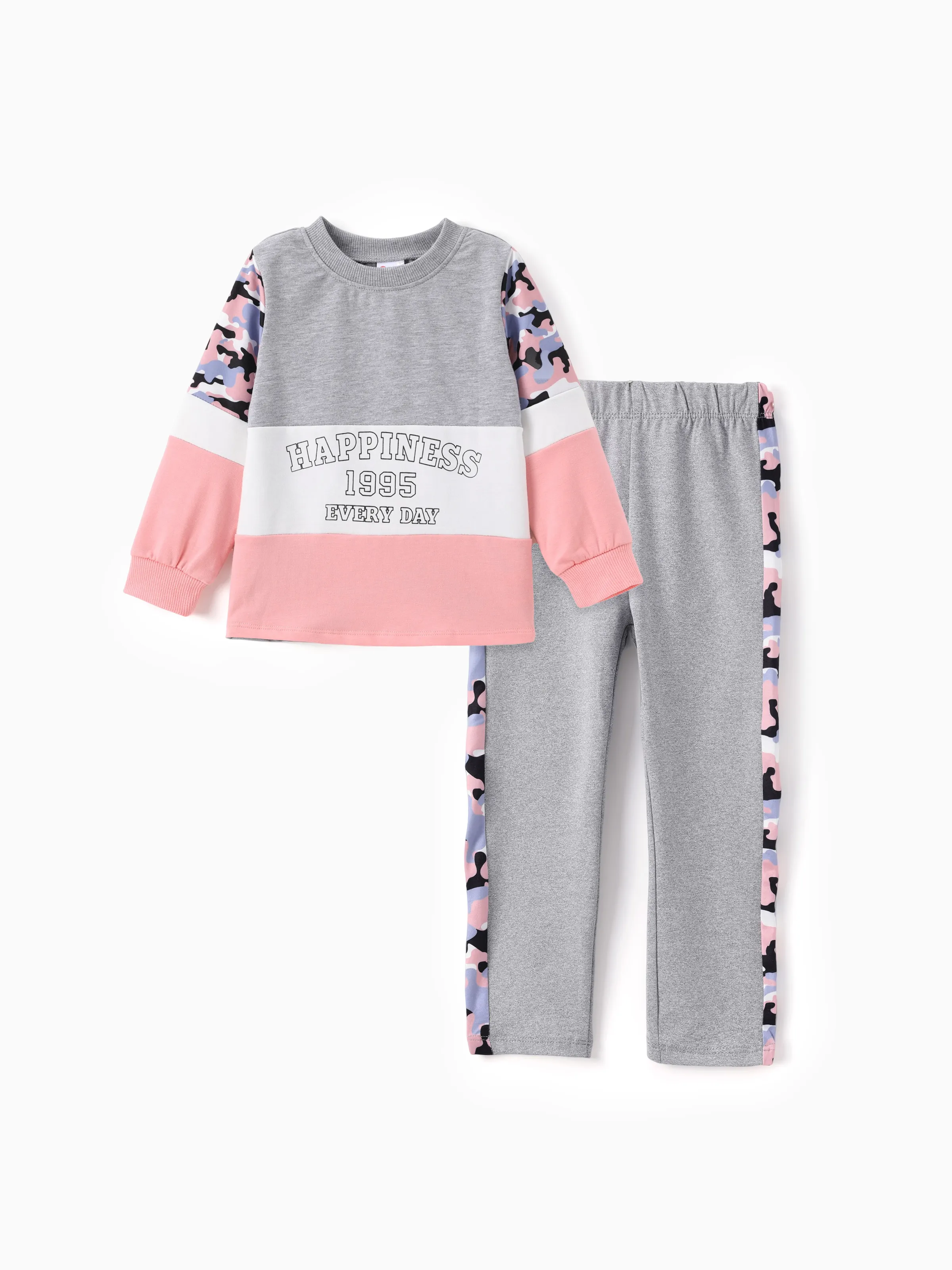 2-piece Kid Girl Letter Camouflage Print Colorblock Long-sleeve Tee and Elasticized Pants Set