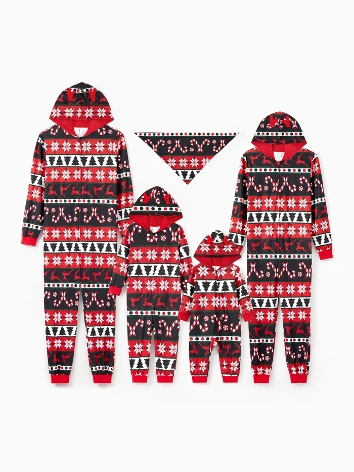 Christmas Pajamas 3D Reindeer Pattern Zipper Hooded Onesies Matching Family Outfits