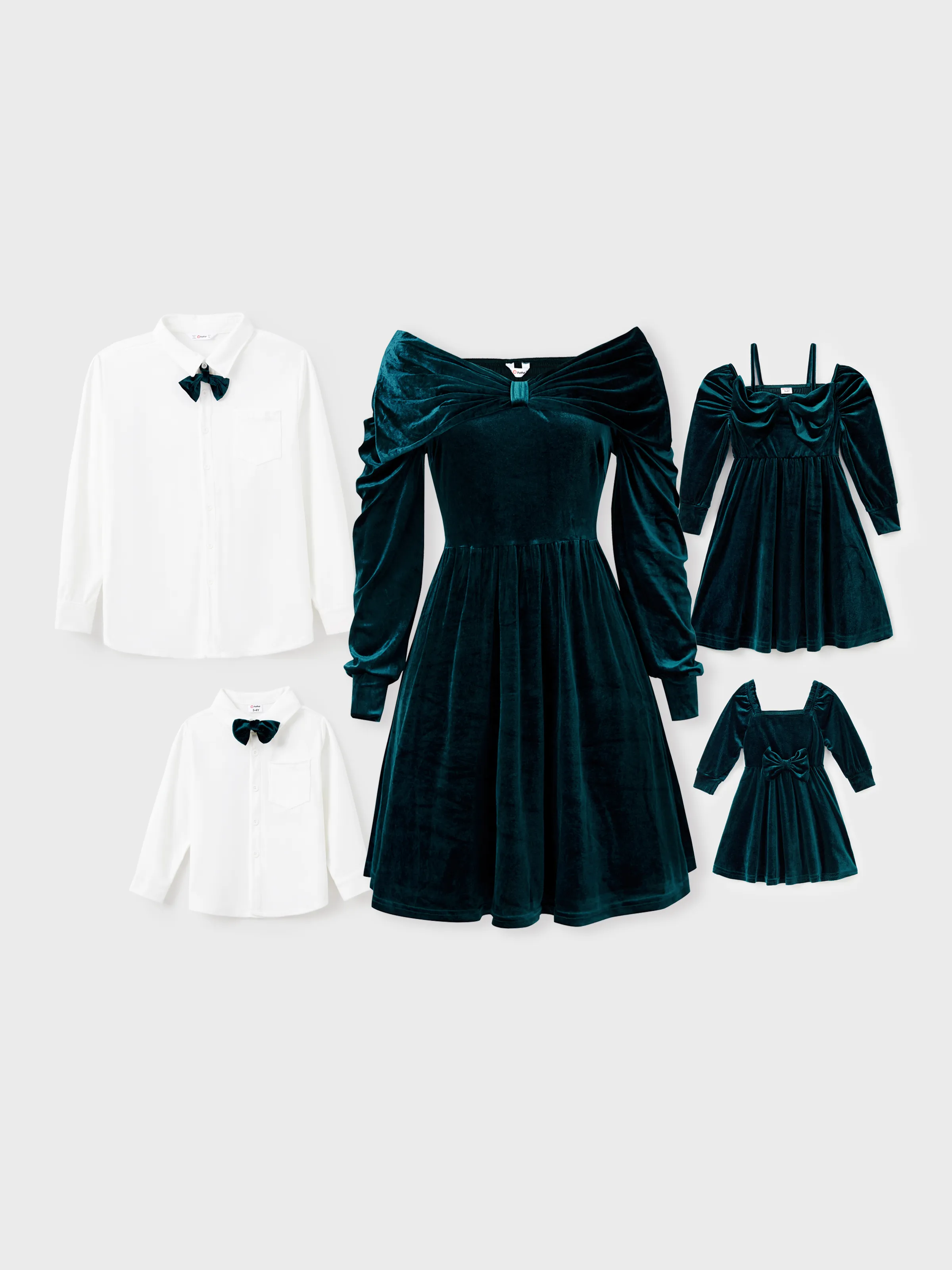 Dark Green Matching Family Outfits Bowknot Bardot Dress or Formal Shirt