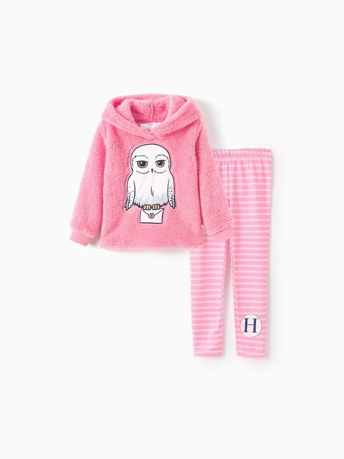 Harry Potter Toddler/Kid Girl 2pcs Gufo Striped Pattern Peluche Top con cappuccio e Leggings Set  