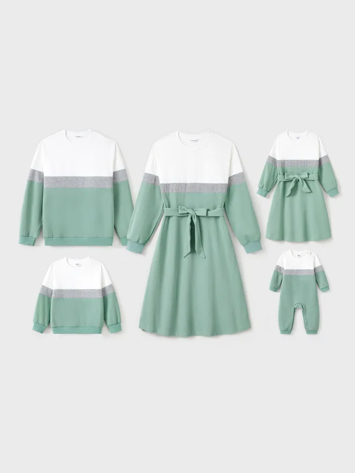 Green Family Matching Sets Long Sleeves Sweater or Belted Dress