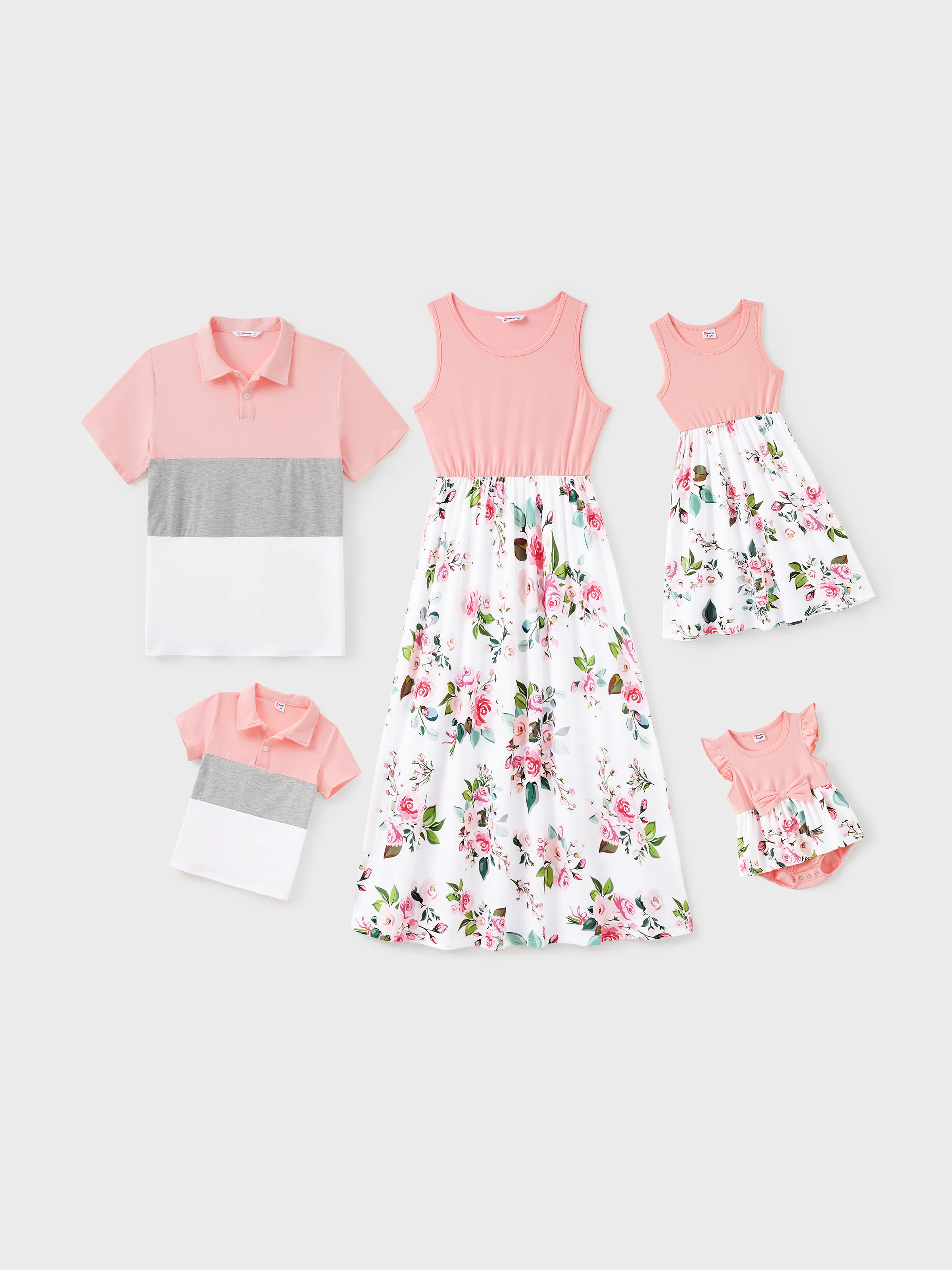 Family Matching Pink Sleeveless Splicing Floral Print Midi Dresses and Colorblock Short-sleeve Polo Shirts Sets