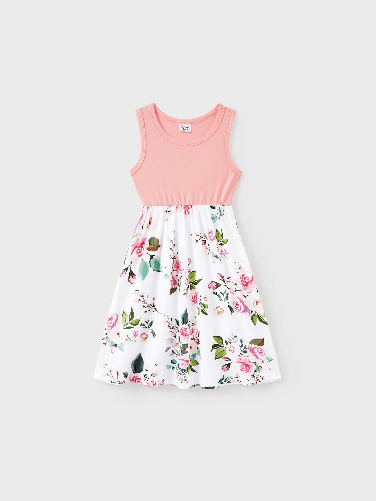 Family Matching Pink Sleeveless Splicing Floral Print Midi Dresses and Colorblock Short-sleeve Polo Shirts Sets