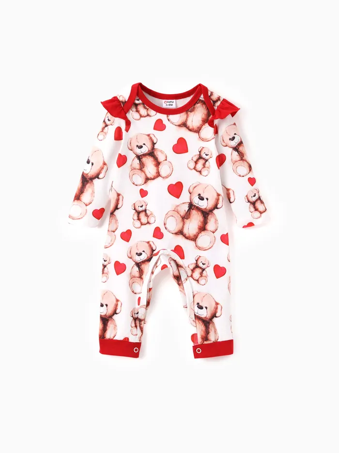 Valentine's Day Baby Girl Sweet Bear and Polka Dot Print Jumpsuit