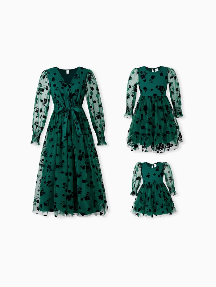 Mommy and Me Green Long Sleeves Embroidered Tulle Dress with Hidden Snap Button