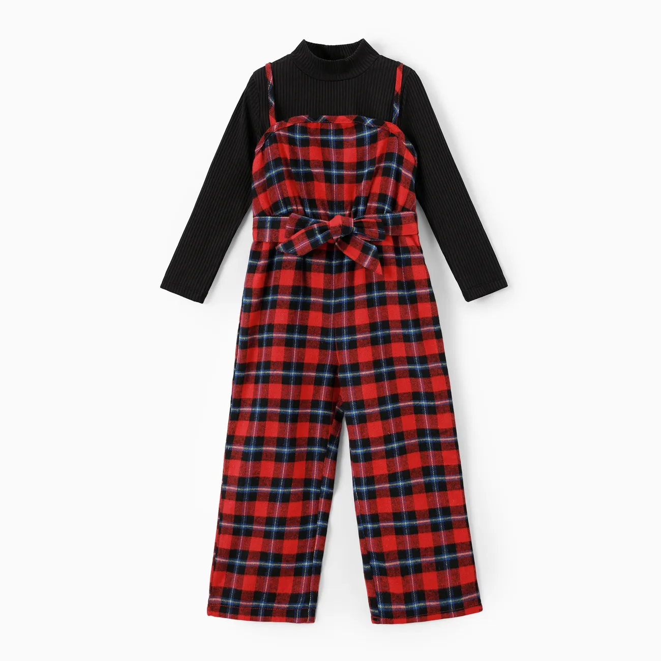 2PCS Toddler Girl Solid Top/Avant-garde Grid/Houndstooth Hanging Strap Holiday Jumpsuit Sets
