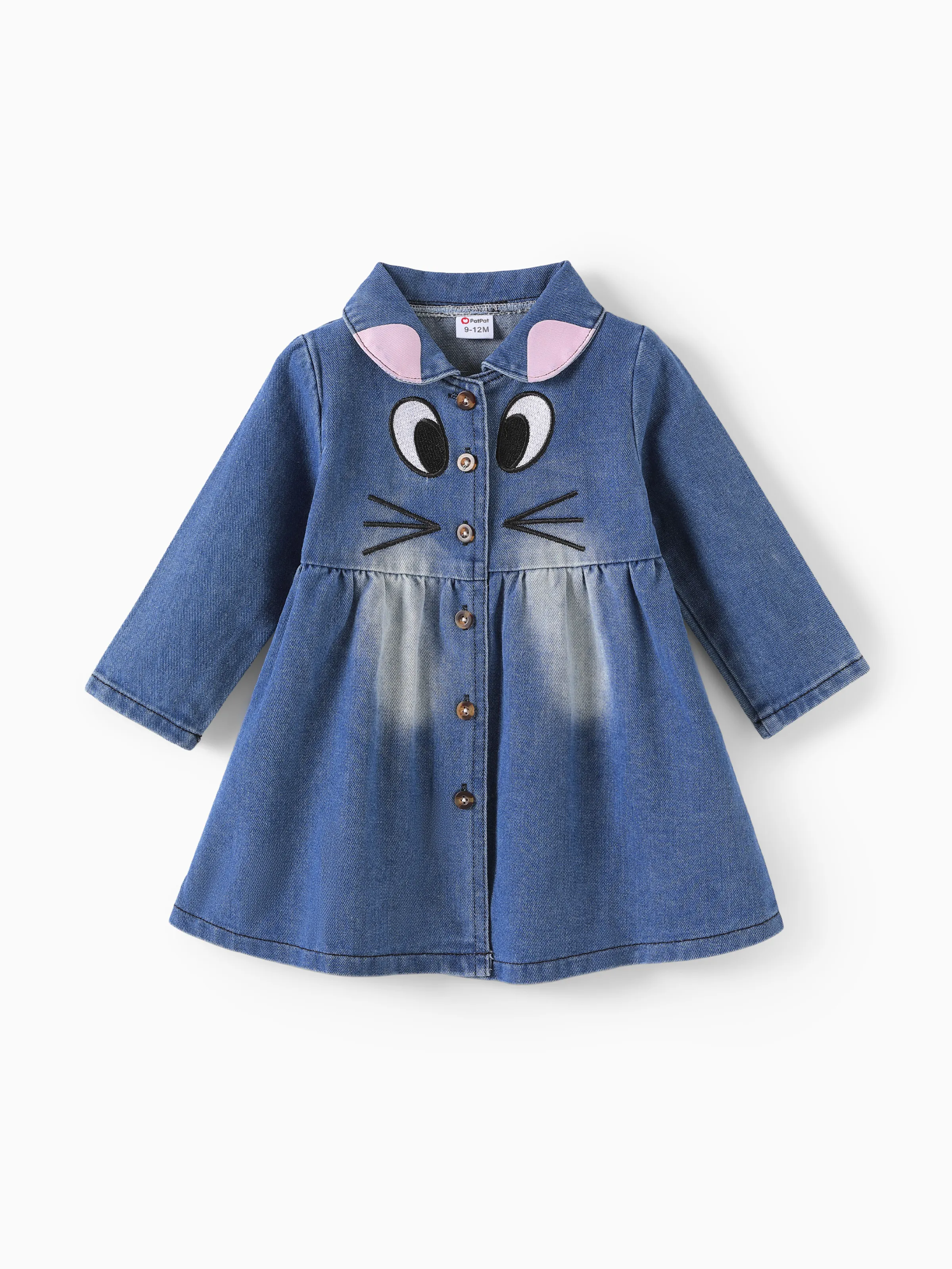 Kid Girl Childlike Cat Print Lapel Denim Dress