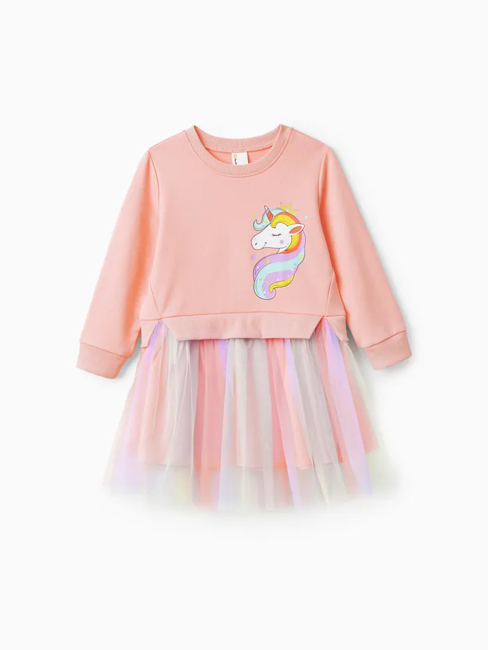 Toddler Girl Sweet Faux-two Unicorn Print Mesh Splice Fairy Dress