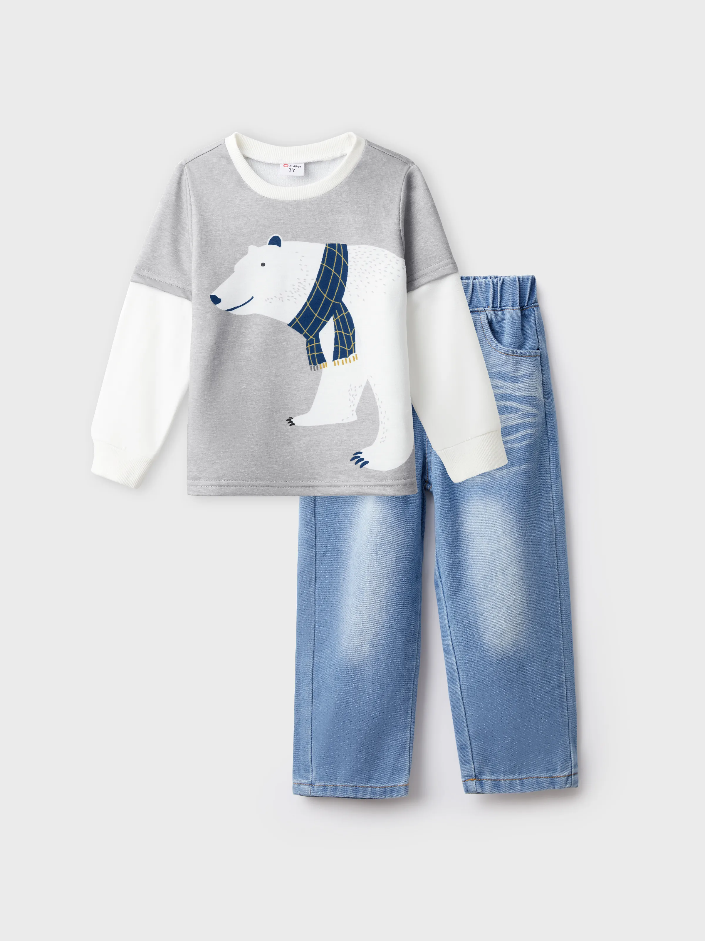 

2PCS Toddler Boy Childlike Animal Pattern Faux Layered Denim Set