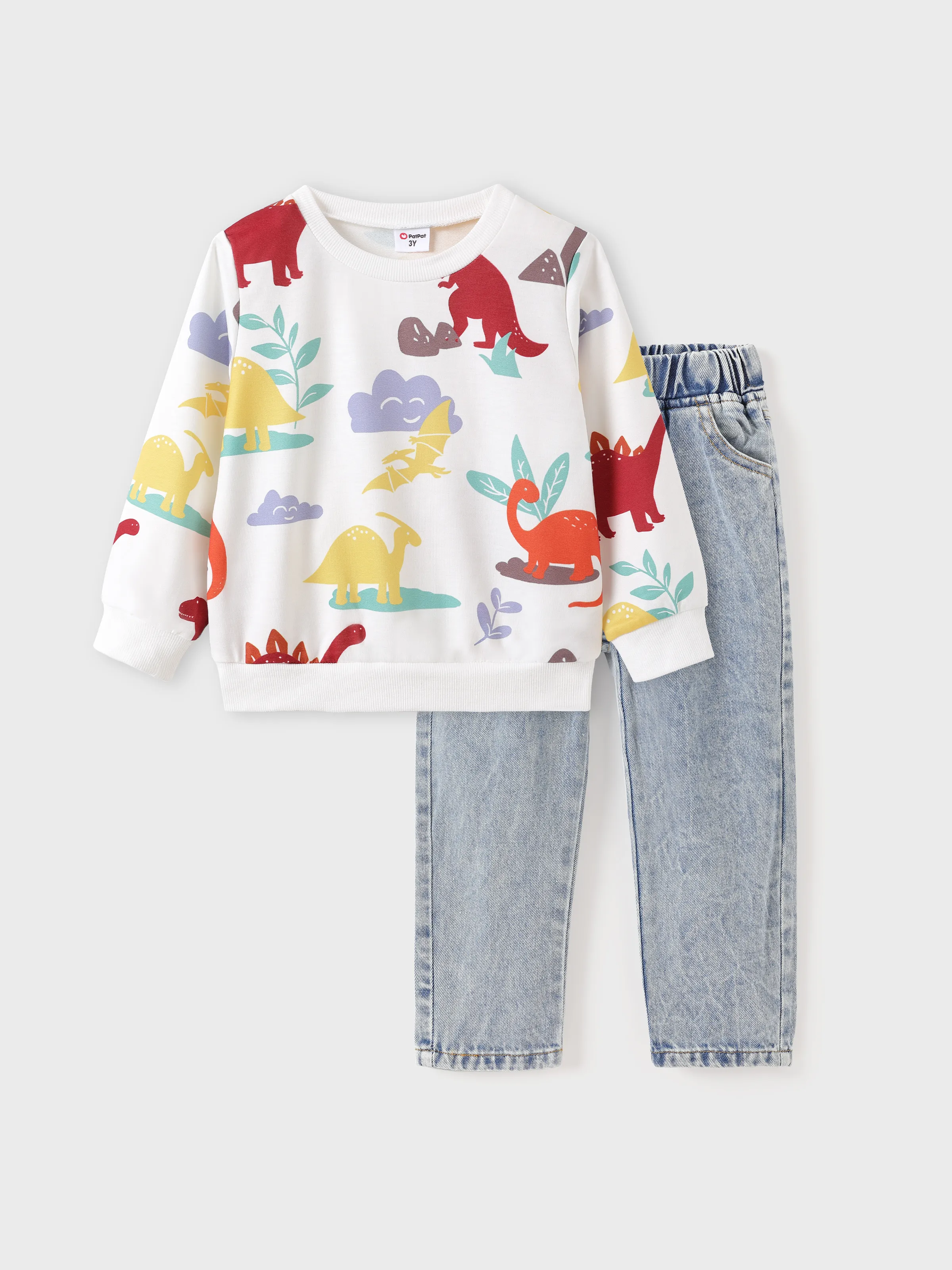 

2pcs Toddler Boy Allover Dinosaur Print Long-sleeve Tee and 95% Cotton Pockets Denim Jeans Set