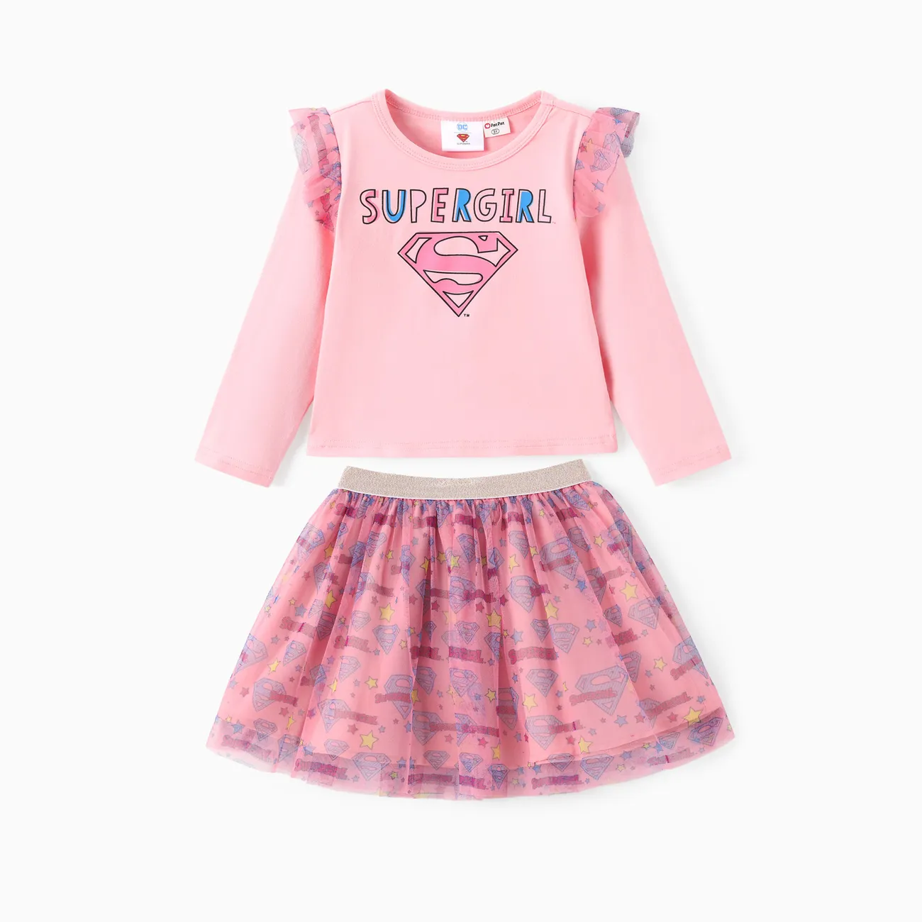 Justice League Toddler Girl 2pcs Cotton Supergirl Ruffled Top And Allover Print Tulle Skirt Set