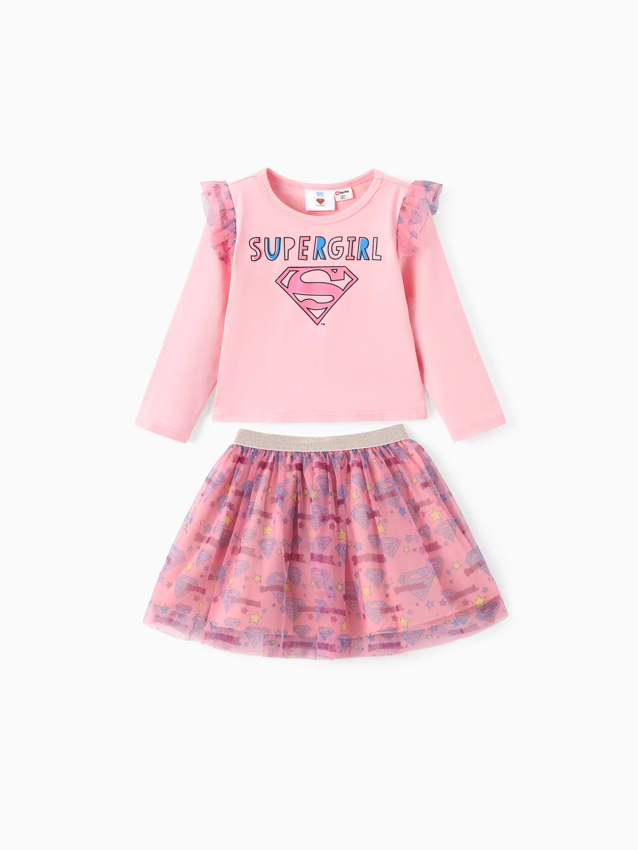 

Justice League Toddler Girl 2pcs Cotton Supergirl Ruffled Top And Allover Print Tulle Skirt Set