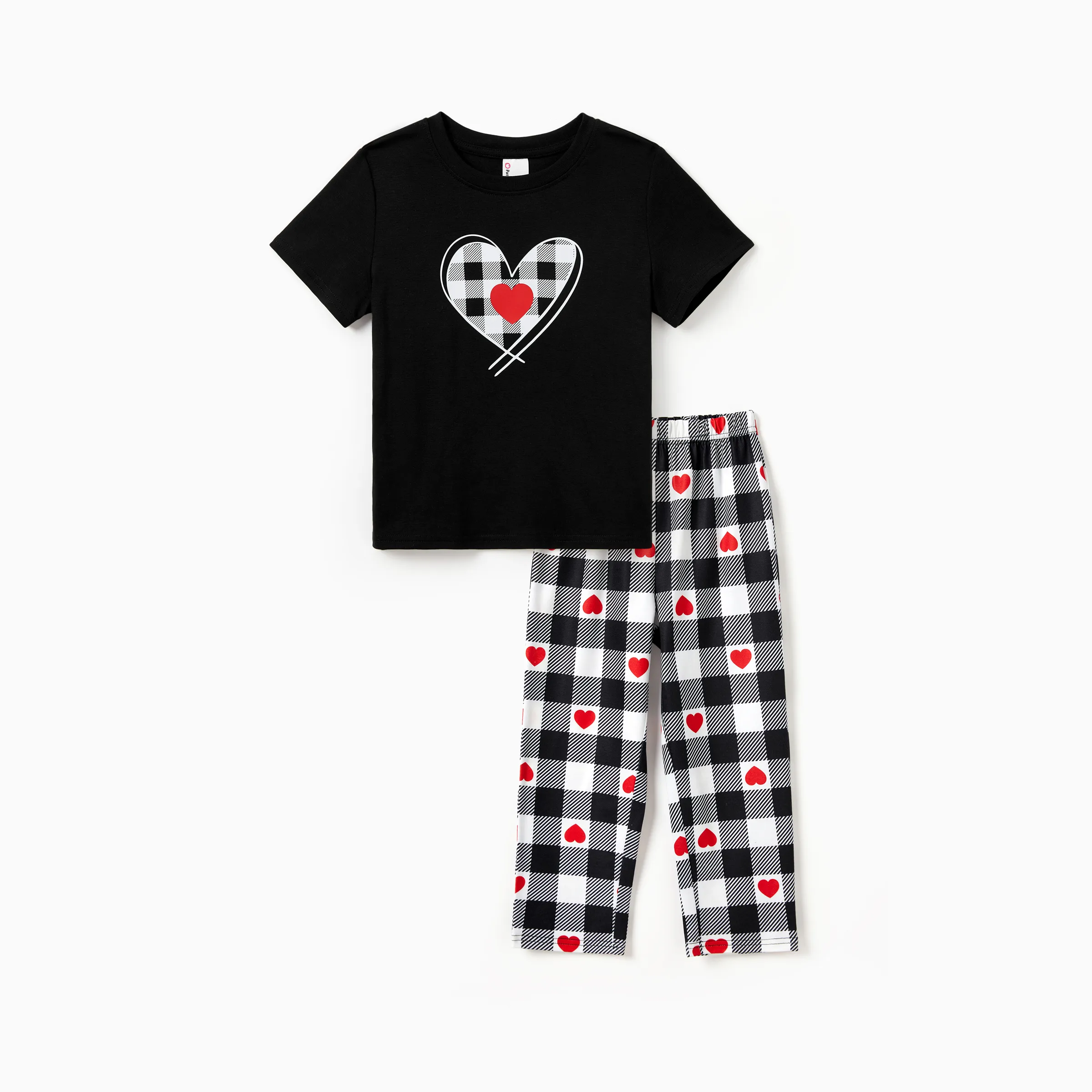 

Valentine's Day Family Matching Heart Print Short-sleeve Top and Plaid Pants Black Pajamas Set