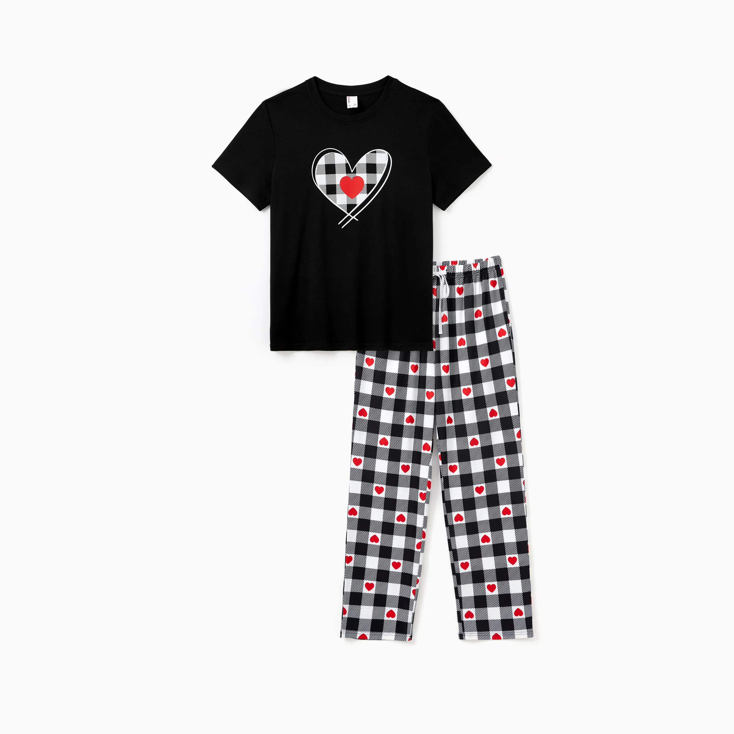 

Valentine's Day Family Matching Heart Print Short-sleeve Top and Plaid Pants Black Pajamas Set