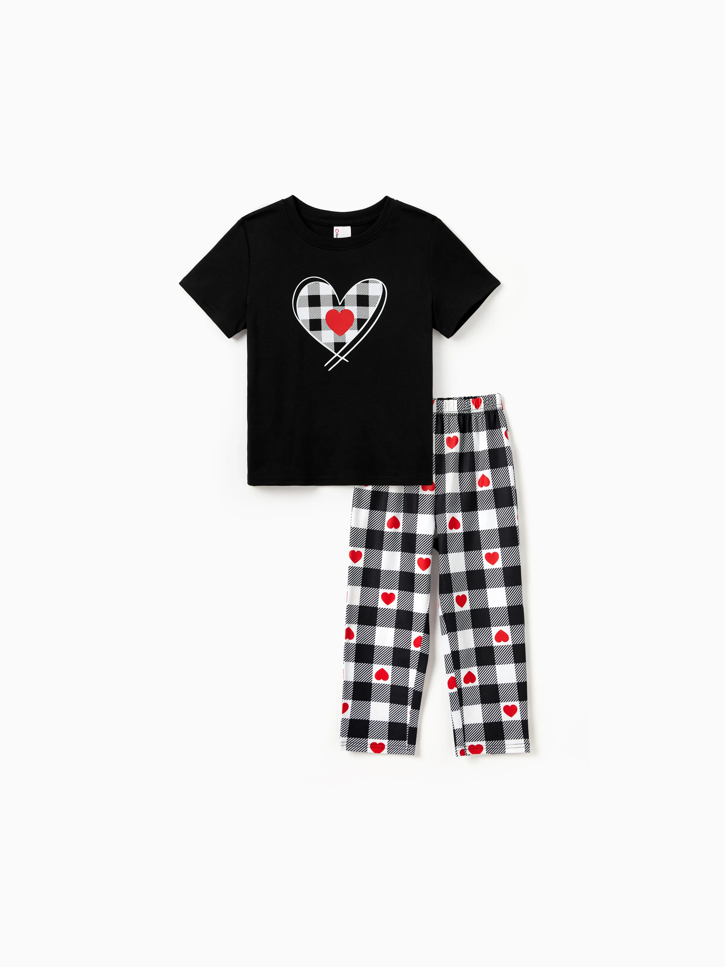 

Valentine's Day Family Matching Heart Print Short-sleeve Top and Plaid Pants Black Pajamas Set