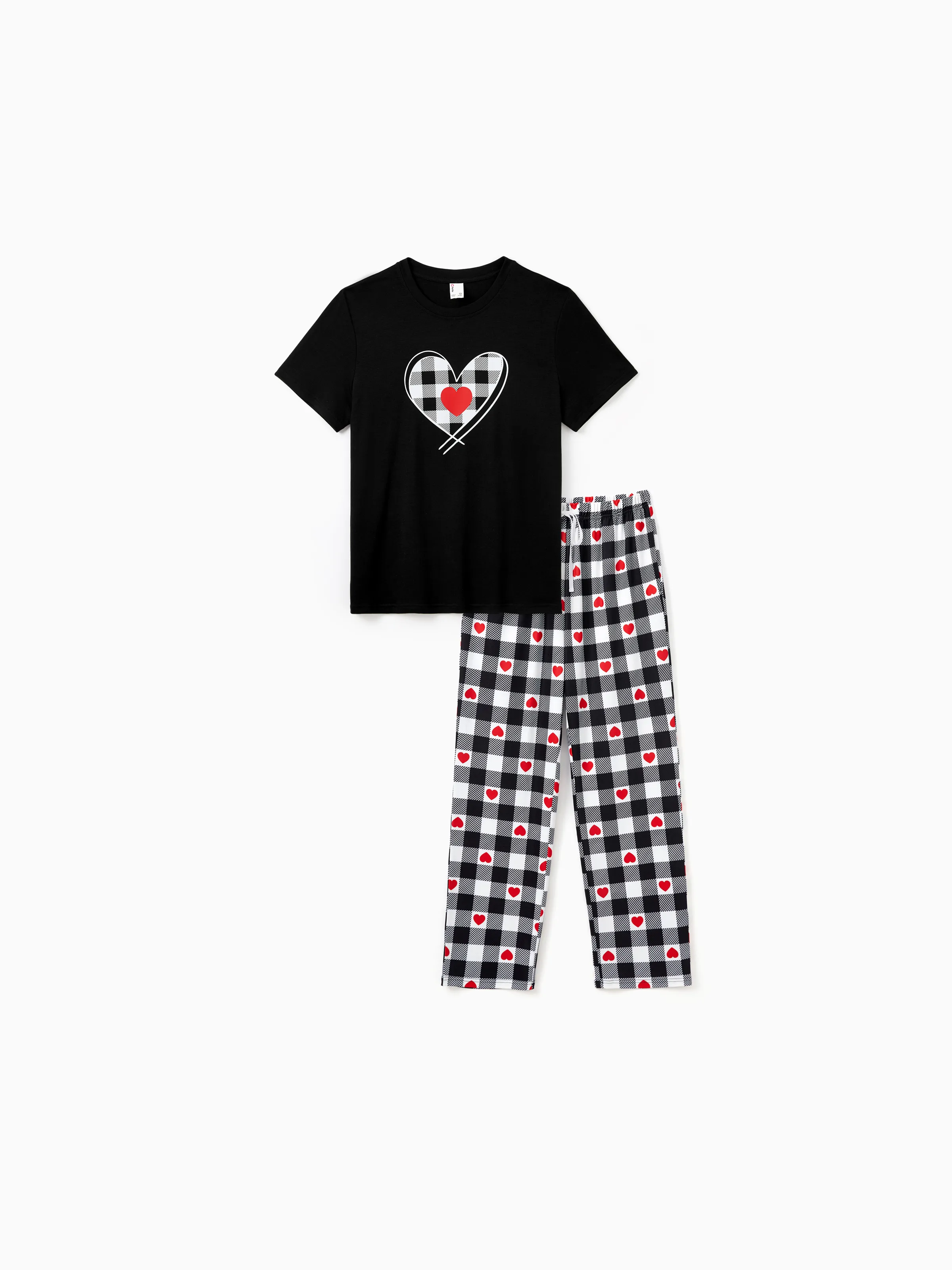 

Valentine's Day Family Matching Heart Print Short-sleeve Top and Plaid Pants Black Pajamas Set