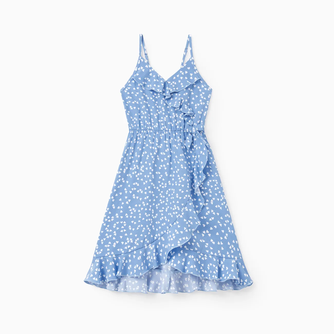 All Over Dots Print Blue Sleeveless Spaghetti Strap V Neck Ruffle Wrap Dress for Mom and Me