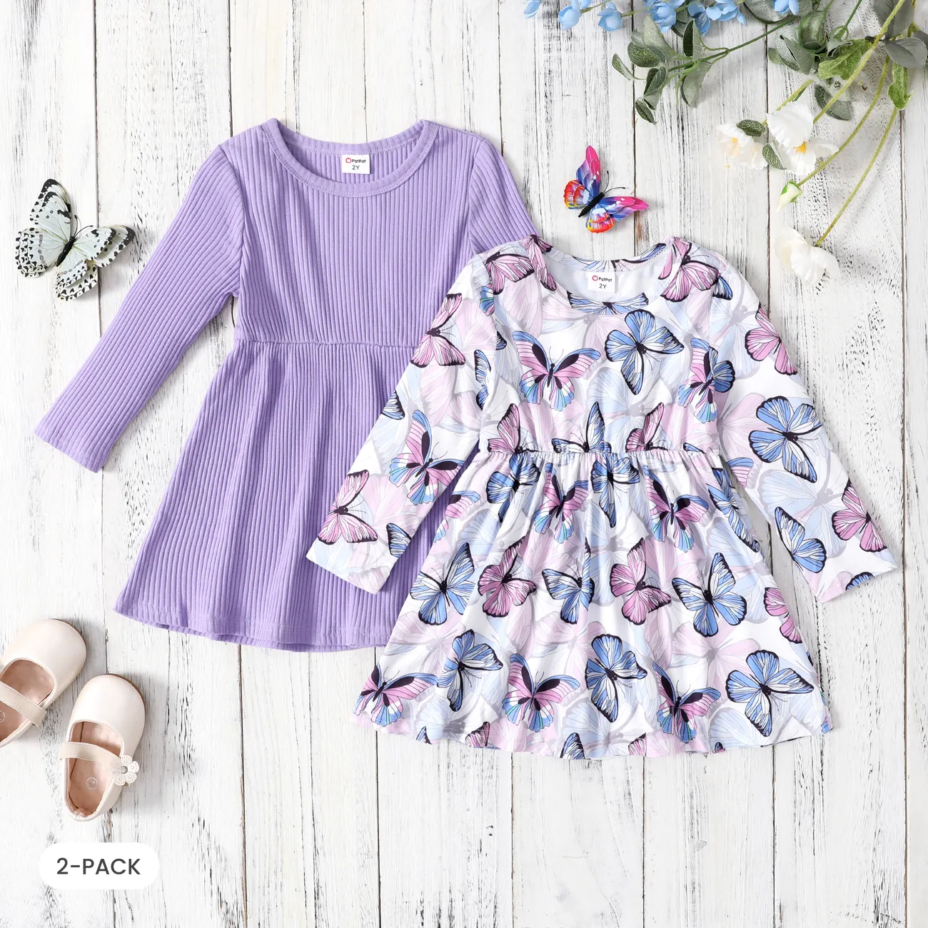 Kleinkind Mädchen 2pcs Einfarbig & Schmetterling Print Kleid