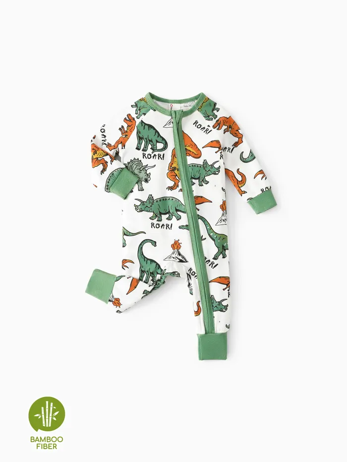 Mono de pijama con cremallera con estampado de dinosaurio lindo de fibra de bambú para bebé niño