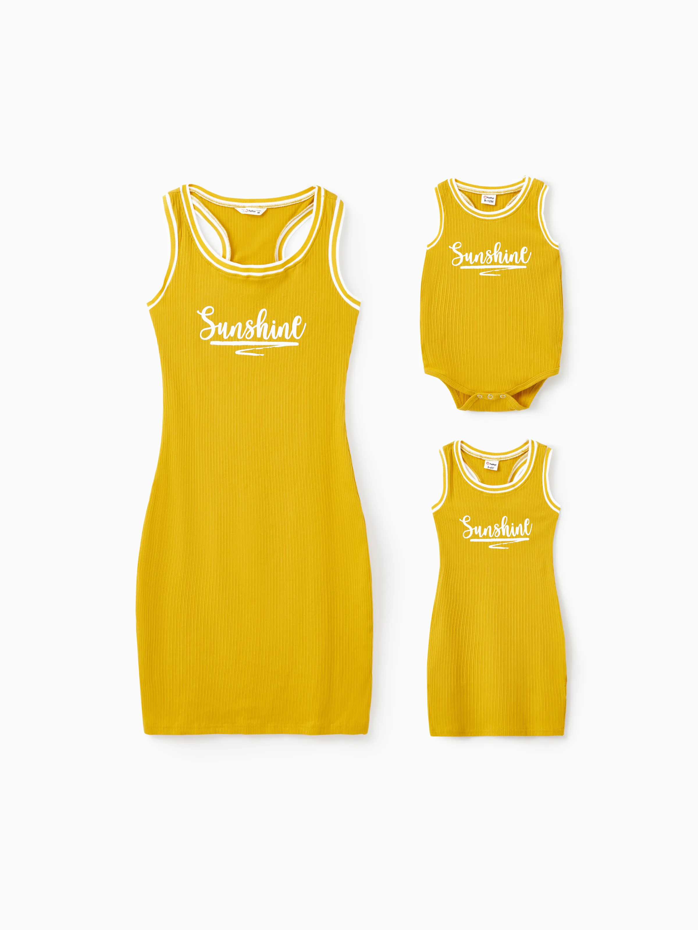 Mommy and Me Yellow Sunshine Theme Ribbed Sleeveless Racerback Body-con Dress