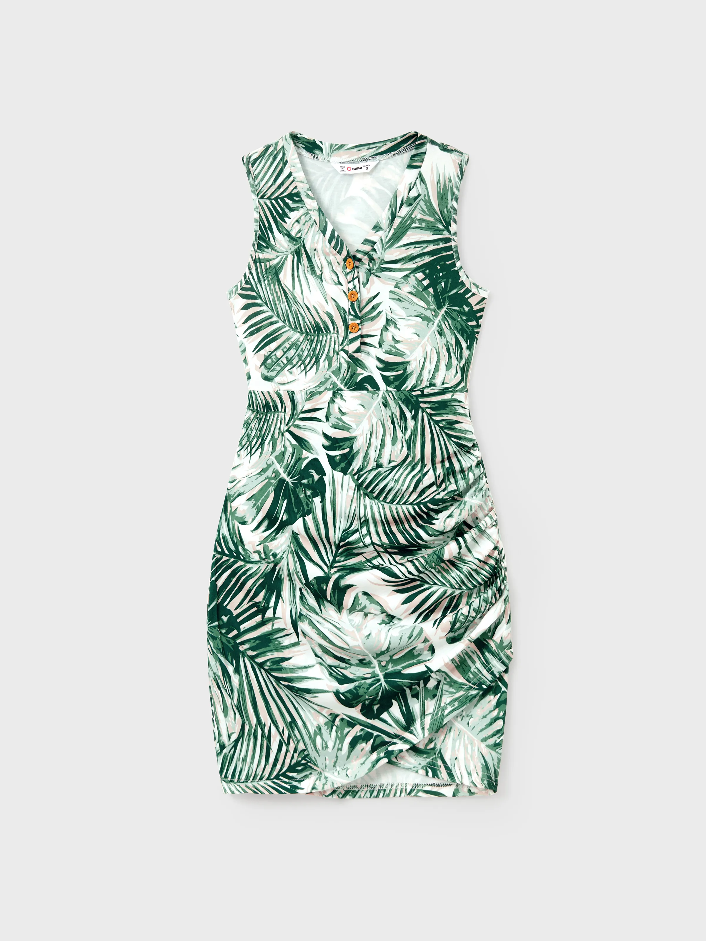 

Family Matching Floral Panel Tee or Tropical Leaf Pattern Button V-Neck Ruched Dress Sets