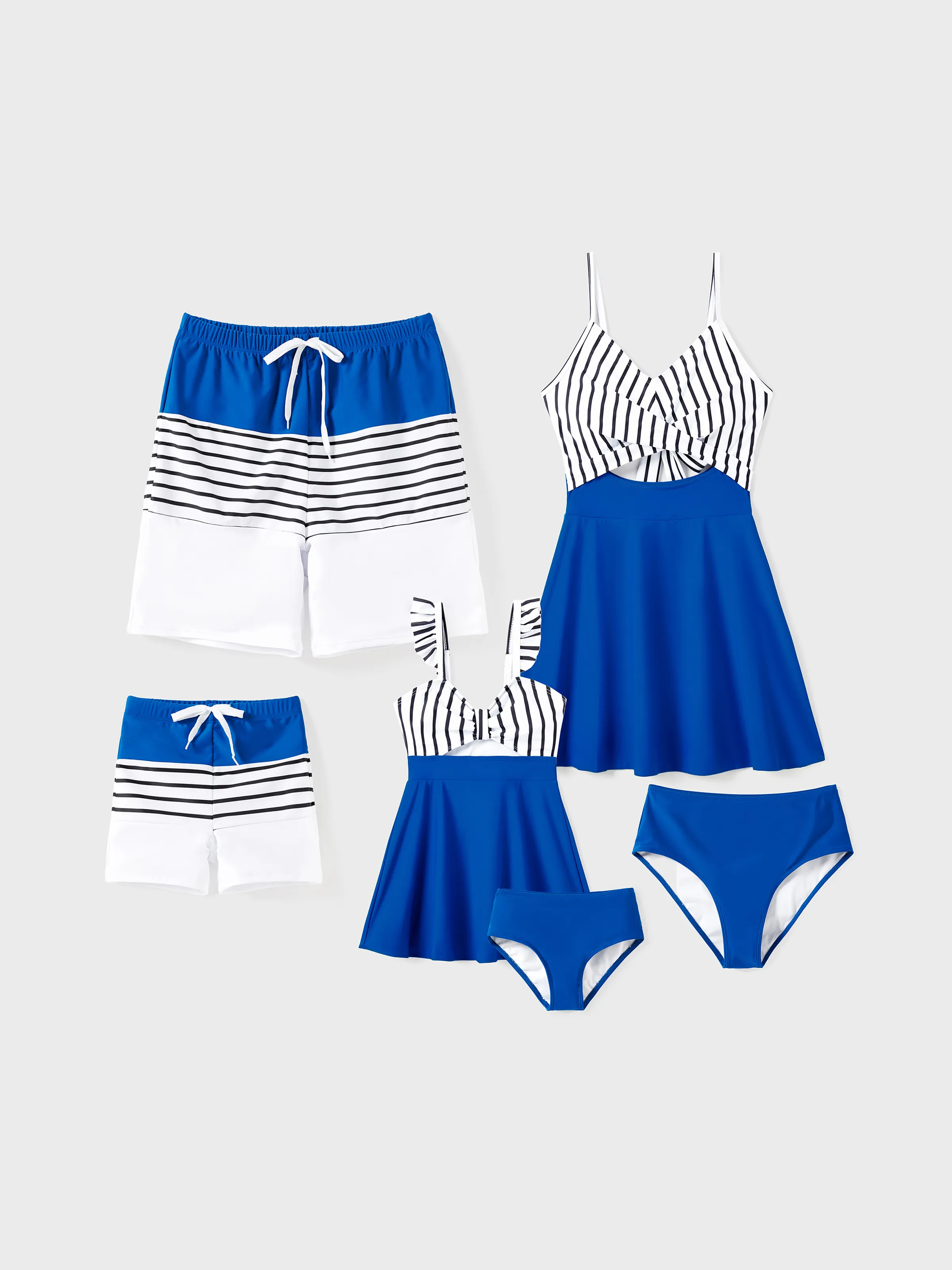 Matching Family Swimsuit Colorblock Drawstring Swim Trunks or Striped Blue Spliced Tankini with Cross-Front, Tie-Back, and Thin Straps