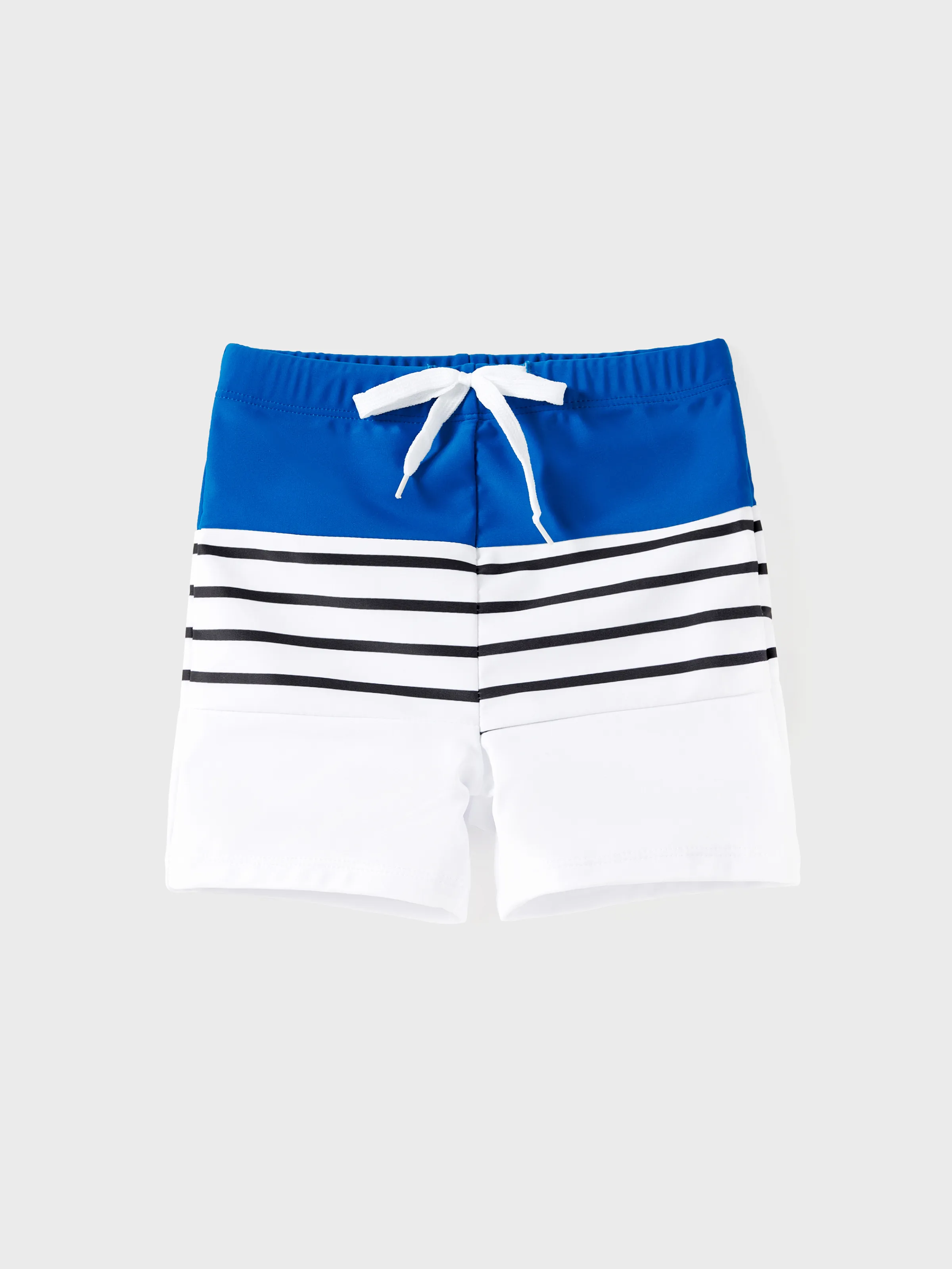 

Matching Family Swimsuit Colorblock Drawstring Swim Trunks or Striped Blue Spliced Tankini with Cross-Front, Tie-Back, and Thin Straps