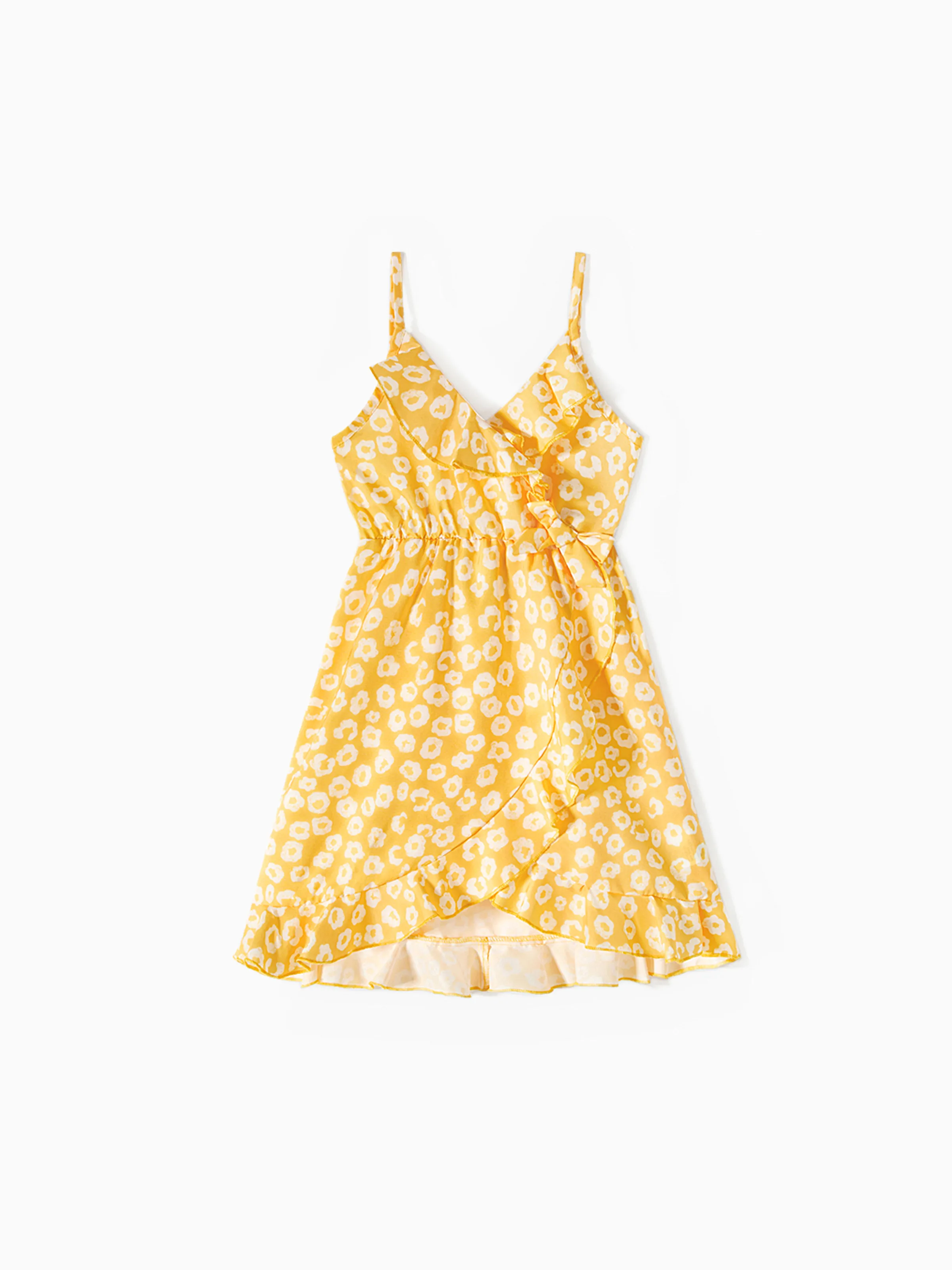 Family Matching Sets Color Block Tee or Yellow Ditsy Floral Wrap Dress with Hidden Snap