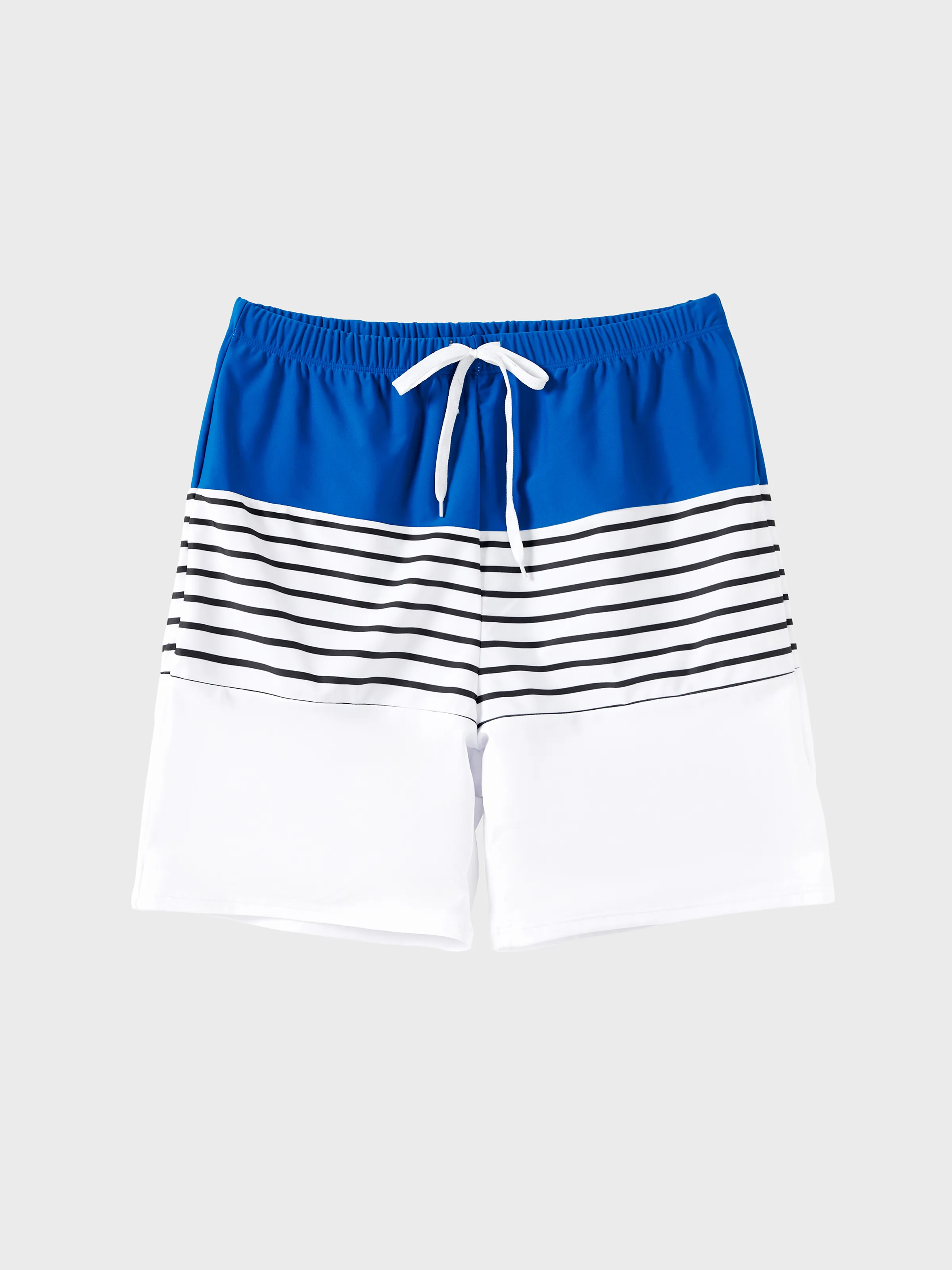 

Matching Family Swimsuit Colorblock Drawstring Swim Trunks or Striped Blue Spliced Tankini with Cross-Front, Tie-Back, and Thin Straps